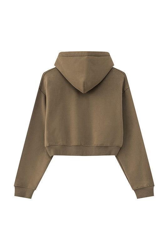 345GSM Fleece Zipper Crop Solid Hoodie