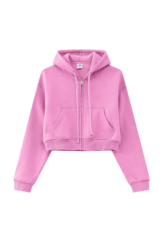 345GSM Fleece Zipper Crop Solid Hoodie