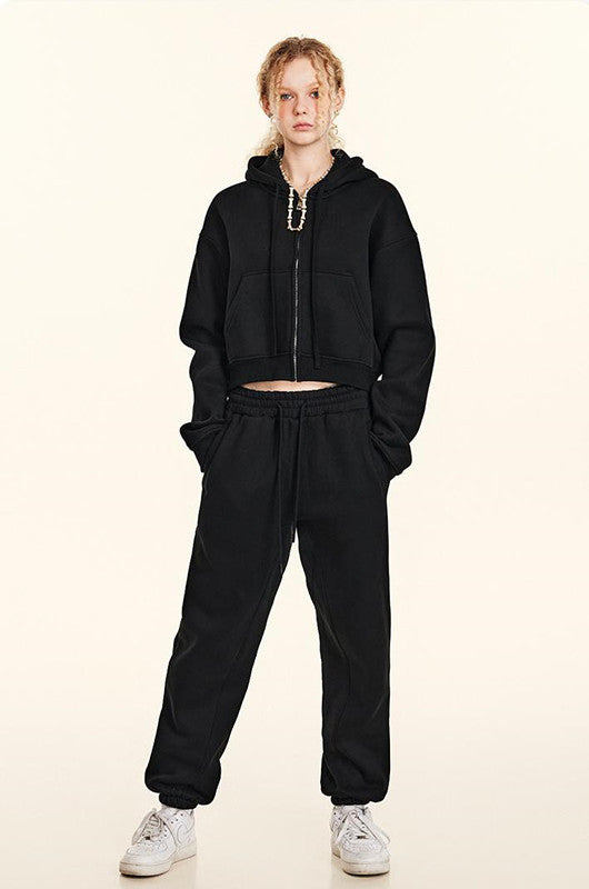 345GSM Fleece Zipper Crop Solid Hoodie