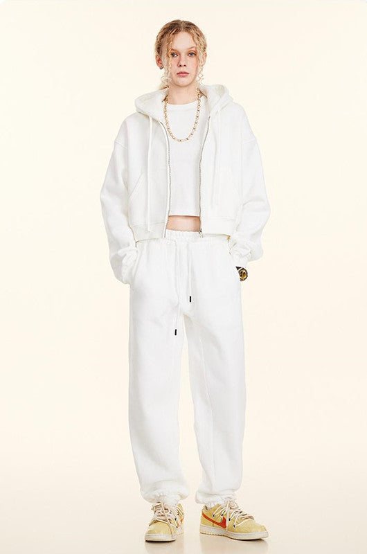 345GSM Fleece Zipper Crop Solid Hoodie