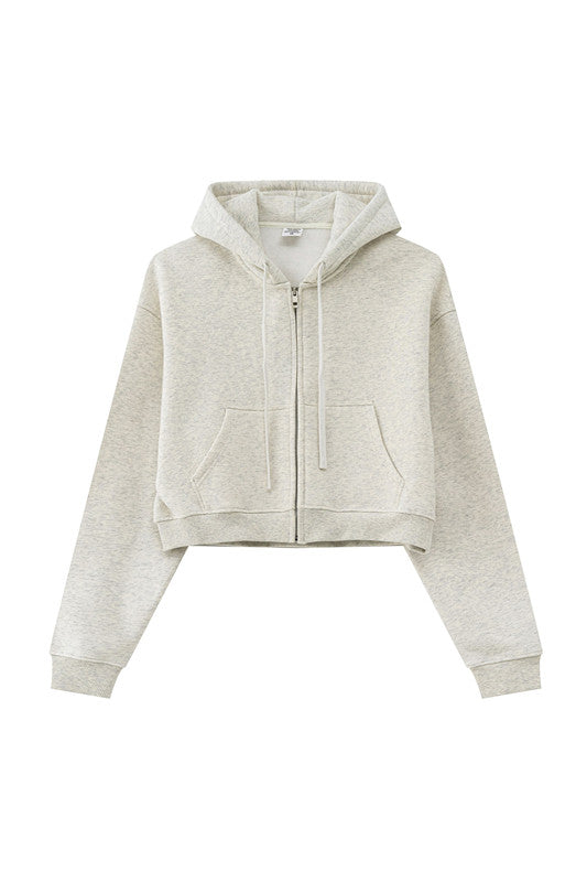 345GSM Fleece Zipper Crop Solid Hoodie