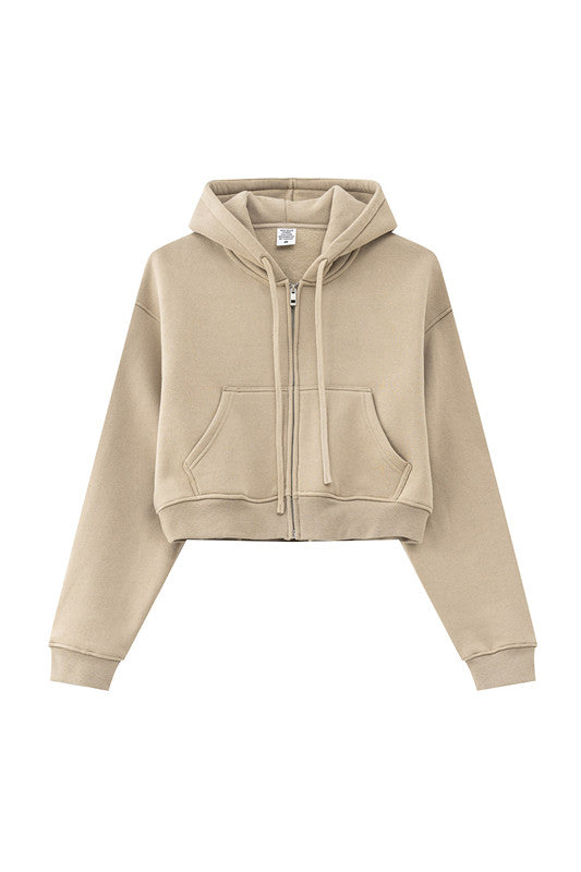 345GSM Fleece Zipper Crop Solid Hoodie