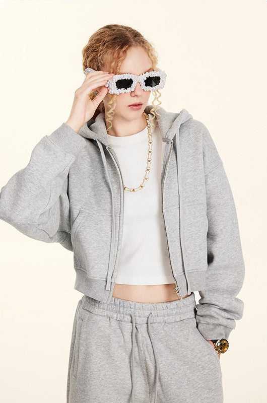 345GSM Fleece Zipper Crop Solid Hoodie