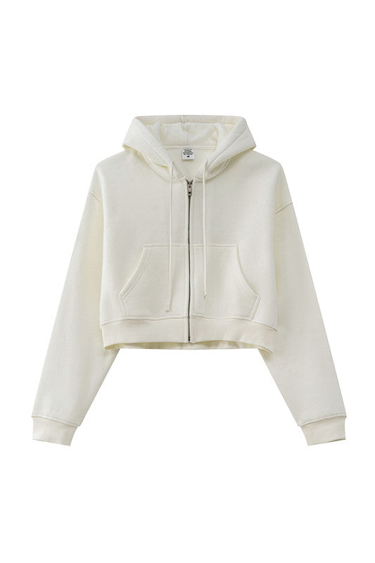 345GSM Fleece Zipper Crop Solid Hoodie