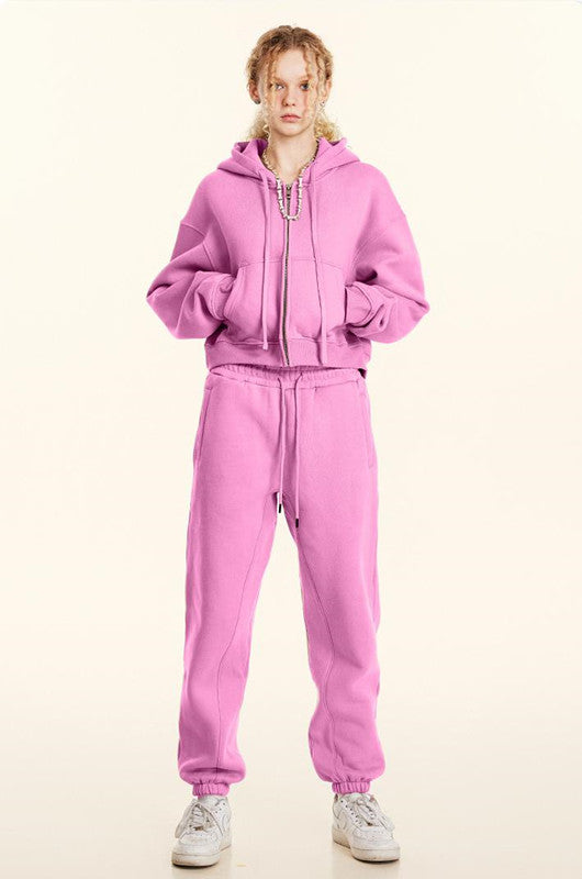 345GSM Fleece Zipper Crop Solid Hoodie
