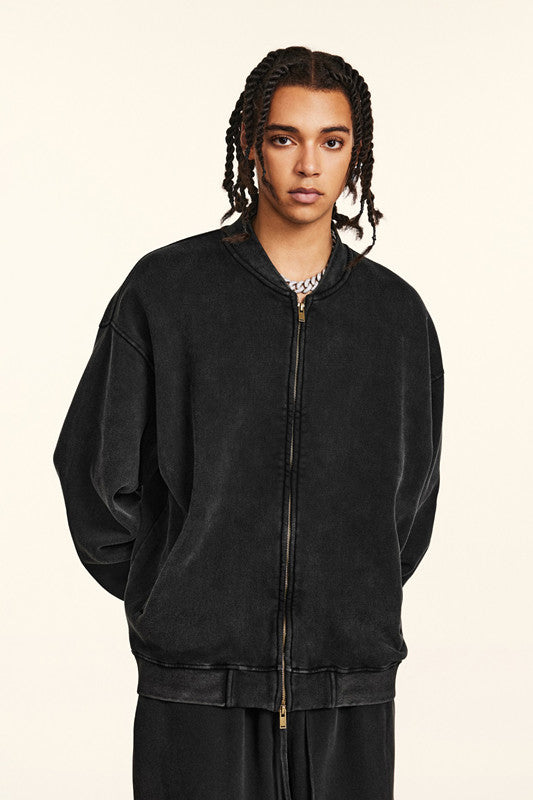 332GSM Fleece Washed Black Zipper Jacket