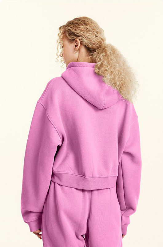 345GSM Fleece Zipper Crop Solid Hoodie