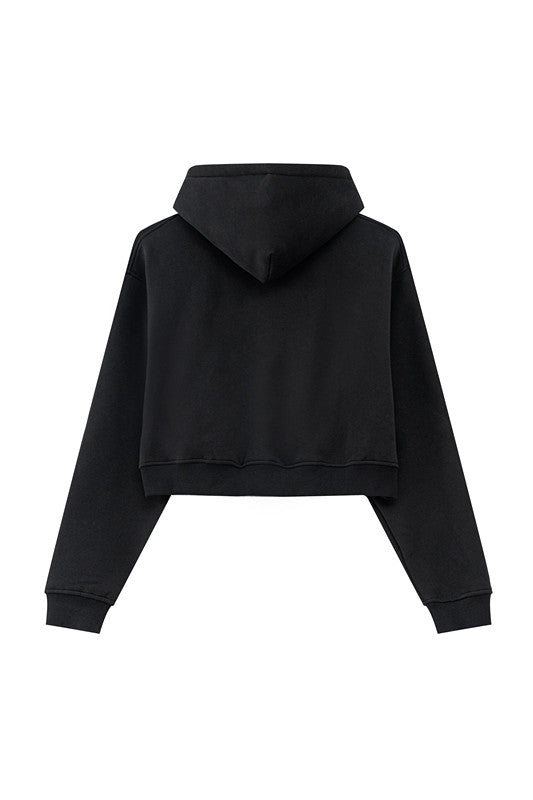345GSM Fleece Zipper Crop Solid Hoodie