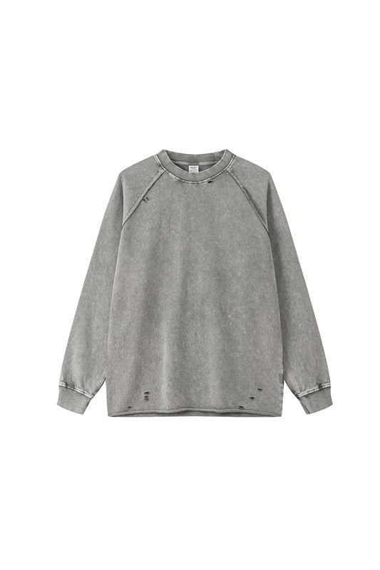 330GSM Raglan Long Sleeve Distressed Raw Hem Crew