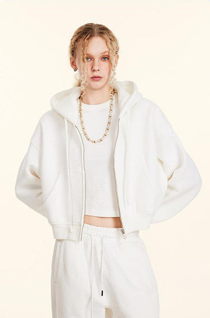 345GSM Fleece Zipper Crop Solid Hoodie