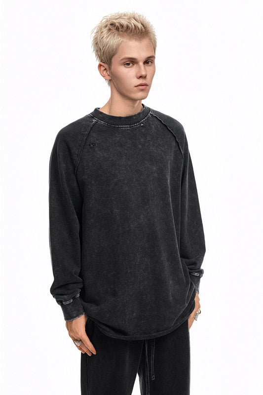 330GSM Raglan Long Sleeve Distressed Raw Hem Crew