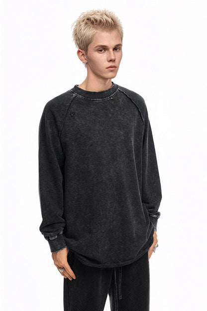 330GSM Raglan Long Sleeve Distressed Raw Hem Crew