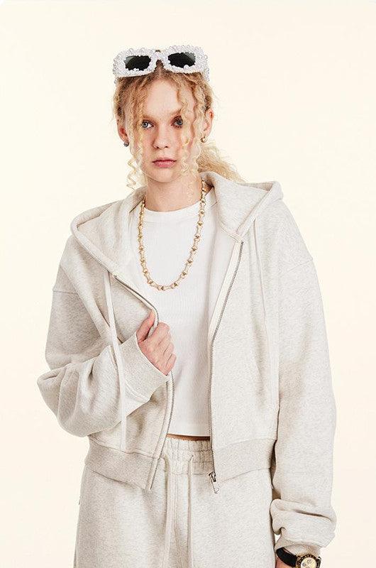 345GSM Fleece Zipper Crop Solid Hoodie