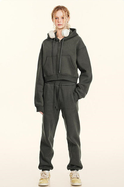 345GSM Fleece Zipper Crop Solid Hoodie