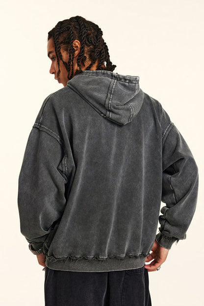 410GSM Distressed Sleeve Pockets Washed Hoodie