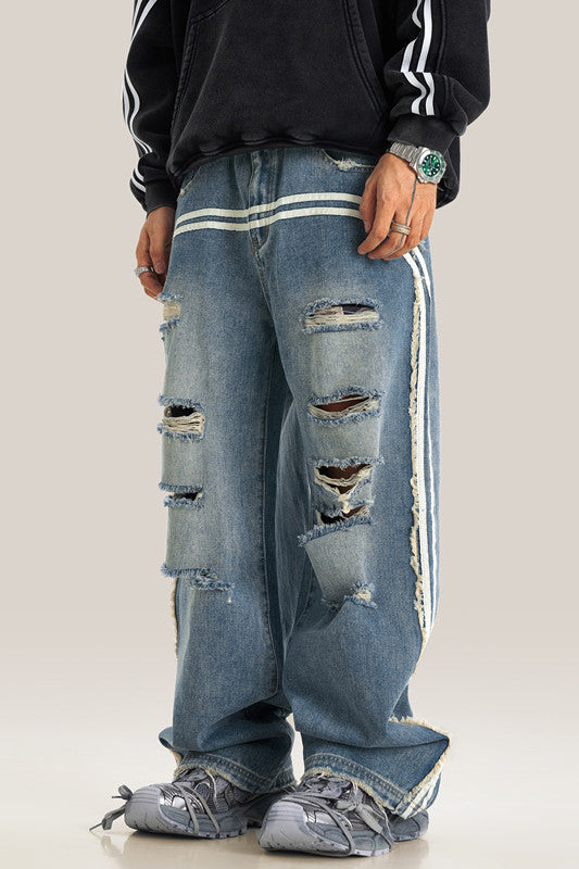 405GSM Distressed Stripe Washed Jeans