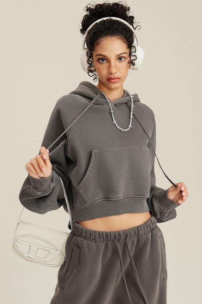 Fleece Pigment Dyed Crop Hoodie