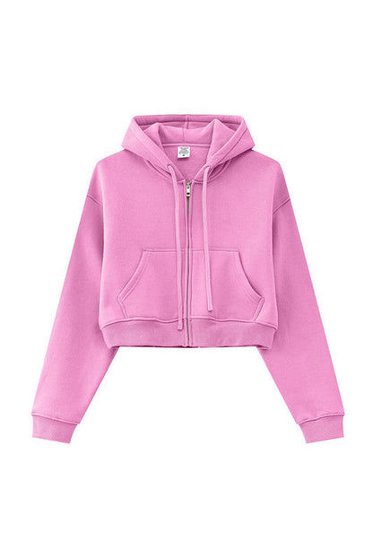 345GSM Fleece Zipper Crop Solid Hoodie