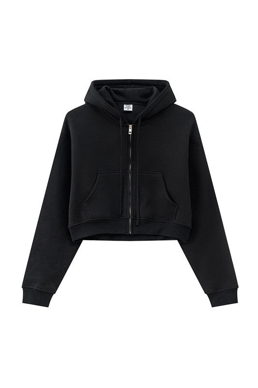 345GSM Fleece Zipper Crop Solid Hoodie