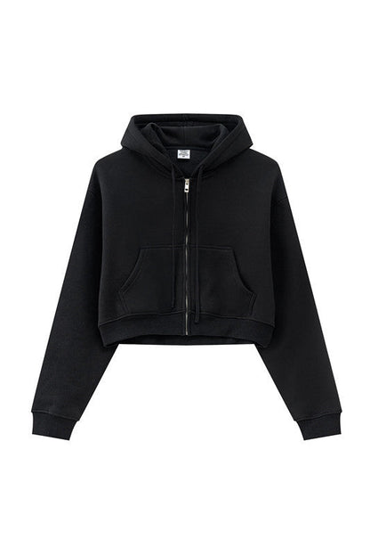 345GSM Fleece Zipper Crop Solid Hoodie