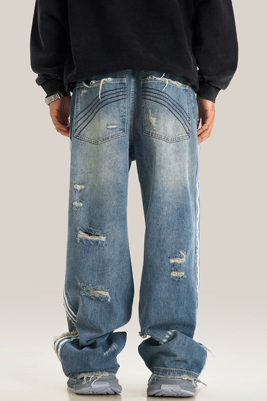405GSM Distressed Stripe Washed Jeans