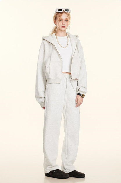 345GSM Fleece Zipper Crop Solid Hoodie