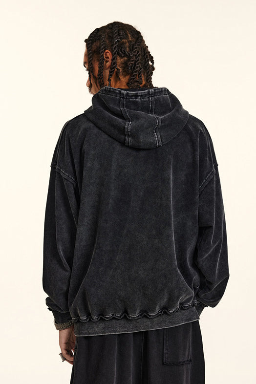 410GSM Distressed Sleeve Pockets Washed Hoodie