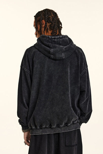 410GSM Distressed Sleeve Pockets Washed Hoodie