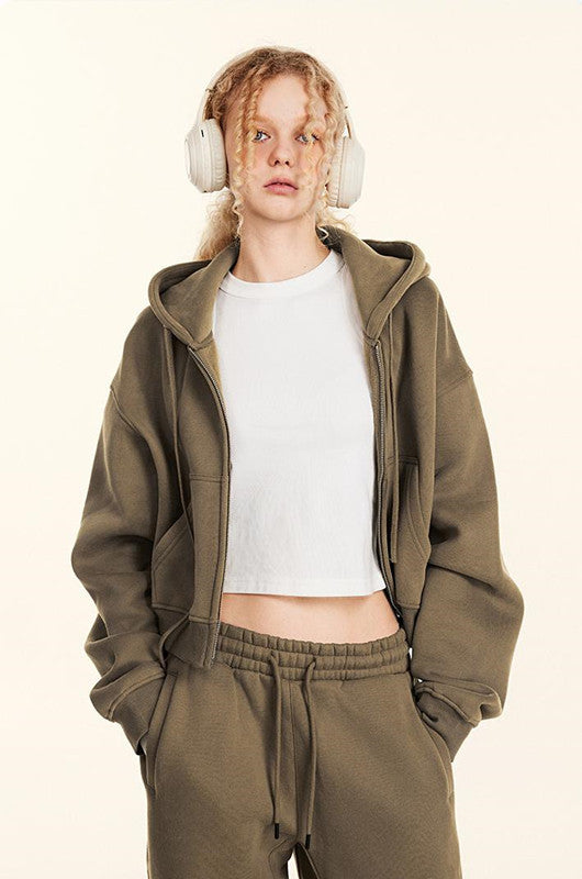 345GSM Fleece Zipper Crop Solid Hoodie