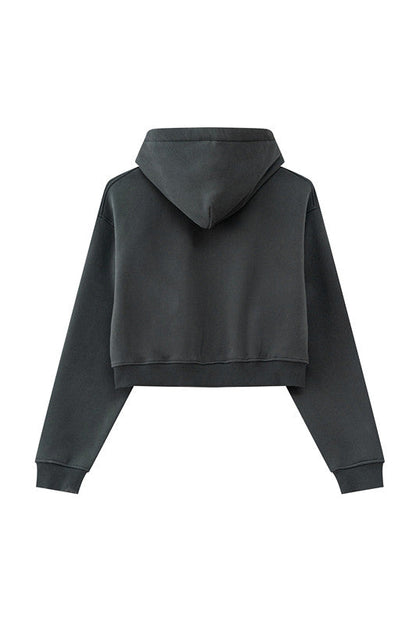 345GSM Fleece Zipper Crop Solid Hoodie