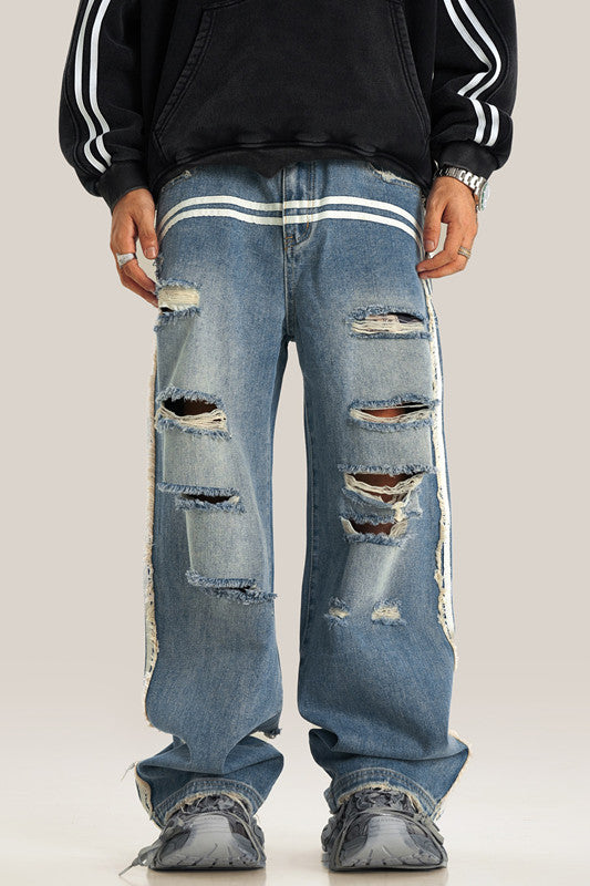 405GSM Distressed Stripe Washed Jeans