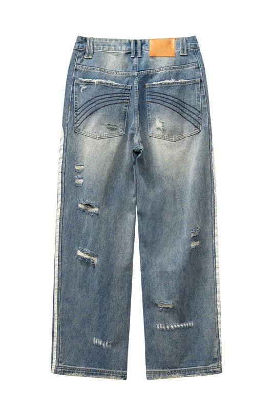 405GSM Distressed Stripe Washed Jeans