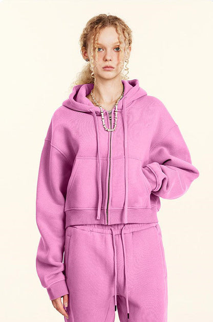 345GSM Fleece Zipper Crop Solid Hoodie
