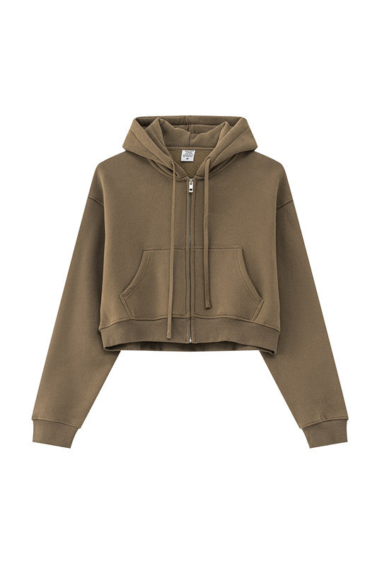 345GSM Fleece Zipper Crop Solid Hoodie