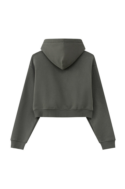 345GSM Fleece Zipper Crop Solid Hoodie