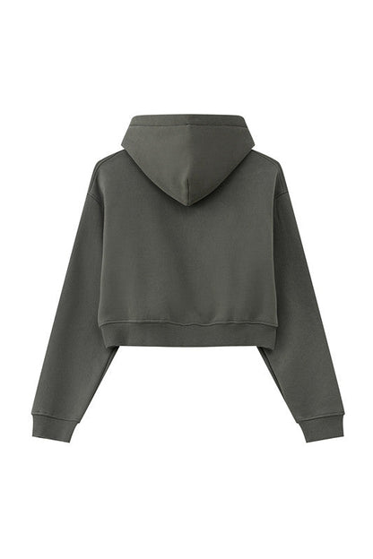345GSM Fleece Zipper Crop Solid Hoodie