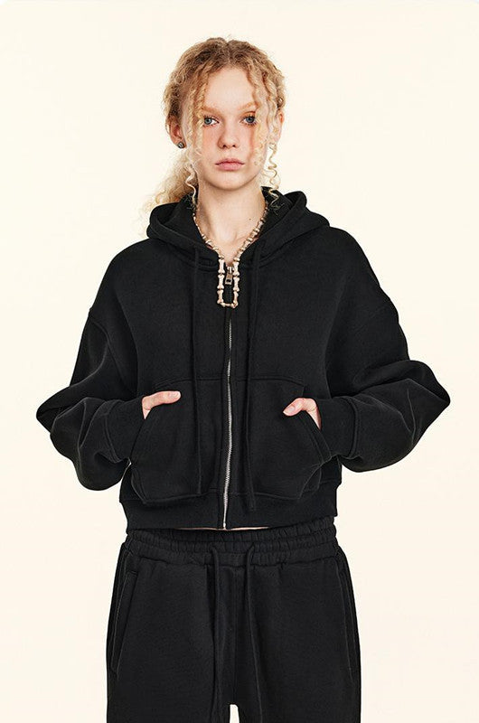 345GSM Fleece Zipper Crop Solid Hoodie