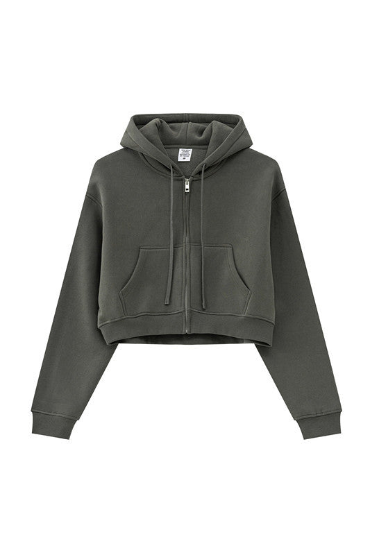 345GSM Fleece Zipper Crop Solid Hoodie