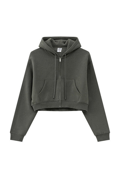 345GSM Fleece Zipper Crop Solid Hoodie