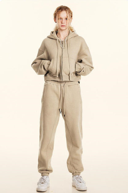 345GSM Fleece Zipper Crop Solid Hoodie