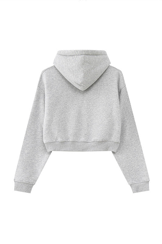 345GSM Fleece Zipper Crop Solid Hoodie