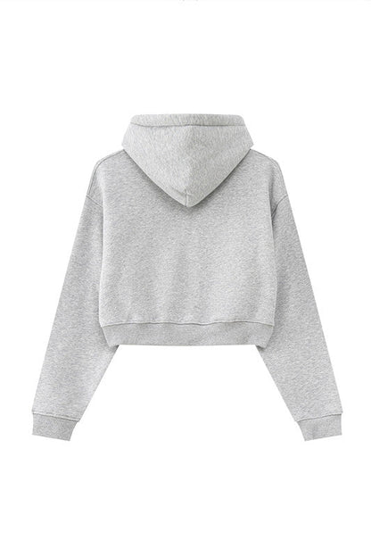 345GSM Fleece Zipper Crop Solid Hoodie