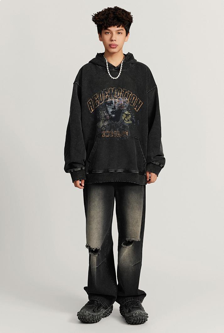 420GSM Over Pocket Printed Washed Hoodie