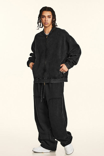 332GSM Fleece Washed Black Zipper Jacket