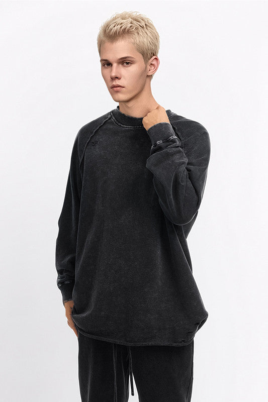 330GSM Raglan Long Sleeve Distressed Raw Hem Crew