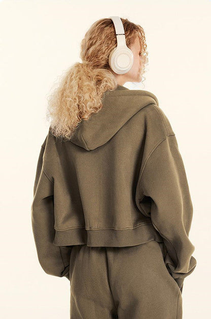345GSM Fleece Zipper Crop Solid Hoodie