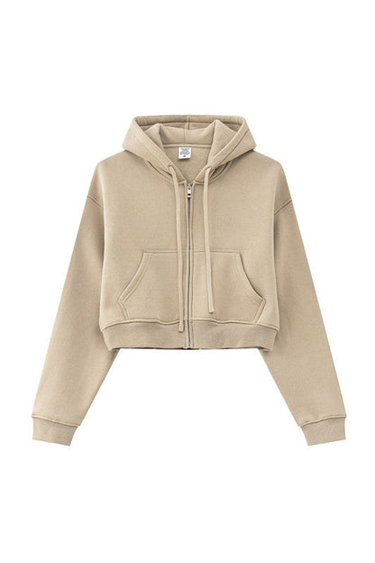 345GSM Fleece Zipper Crop Solid Hoodie