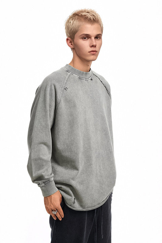 330GSM Raglan Long Sleeve Distressed Raw Hem Crew