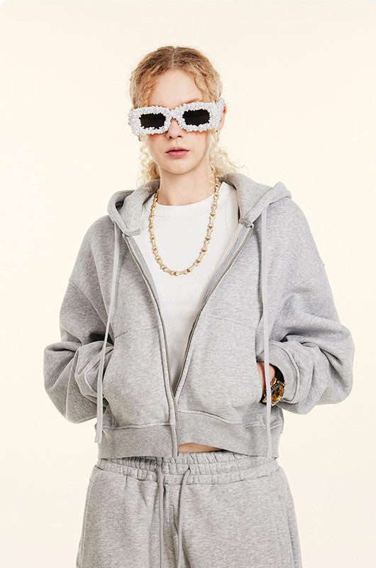 345GSM Fleece Zipper Crop Solid Hoodie