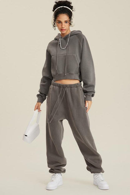 Fleece Pigment Dyed Crop Hoodie